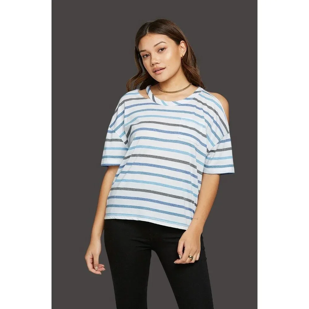 Chaser Recycled Striped Short Sleeve Top Women Size Small Pocket Vented Shirt - Picture 5 of 7